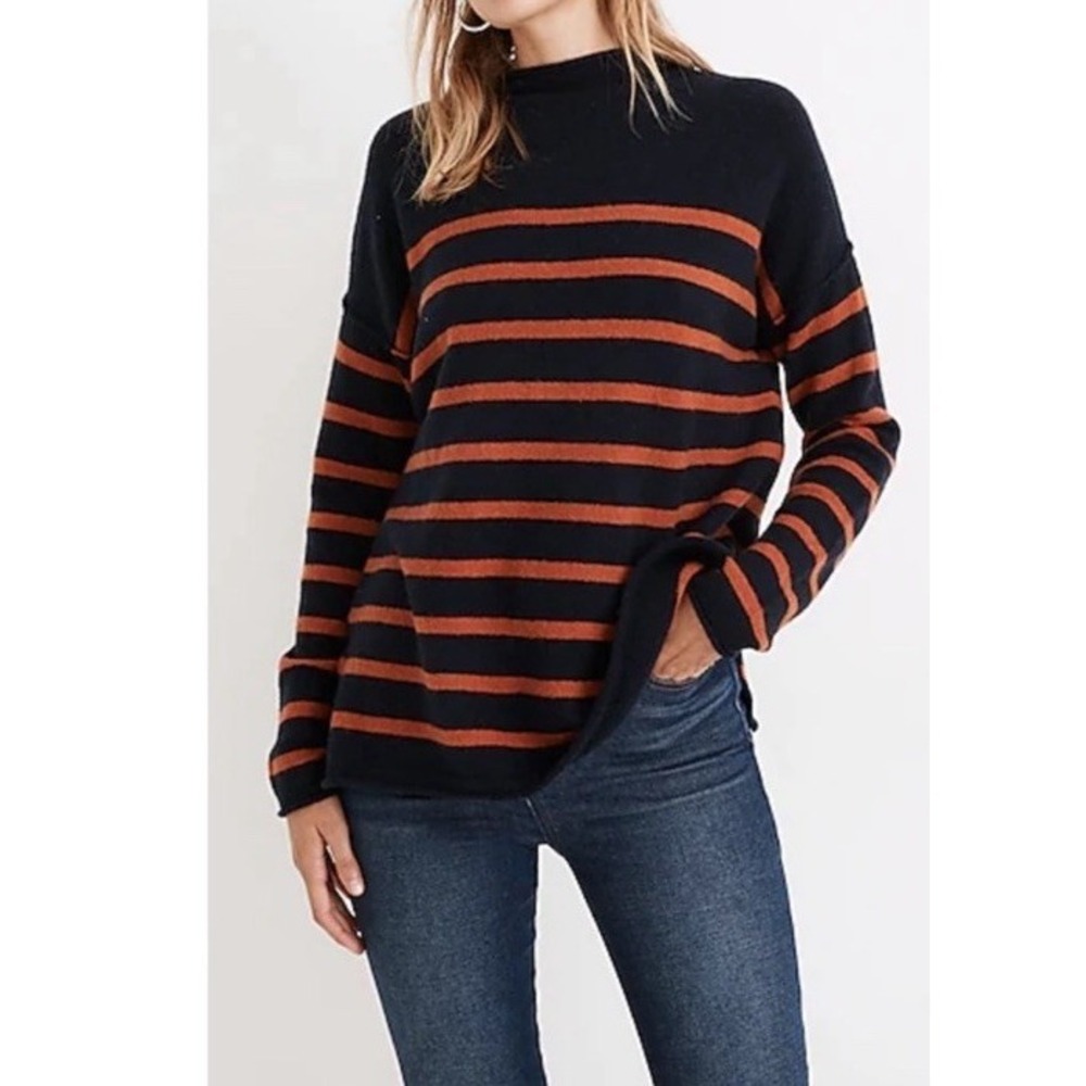 MADEWELL Navy Blue Orange Striped Merino Wool Alpaca Blend Mock Neck Sweater M